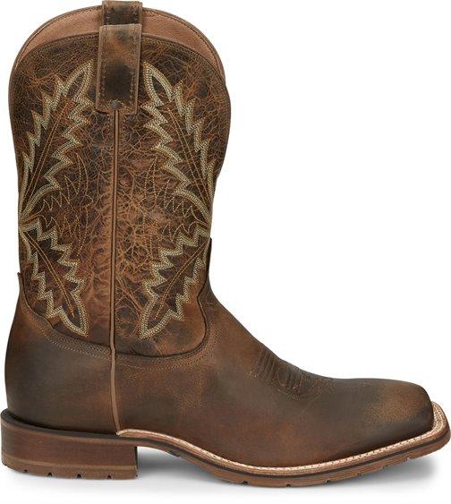 mens brown cowboy boots with white jagged embroidery and brown strap on shaft right view