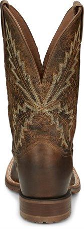 mens brown cowboy boots with white jagged embroidery and brown strap on shaft back view
