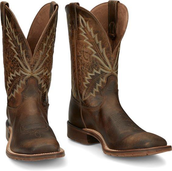 mens brown cowboy boots with white jagged embroidery and brown strap on shaft