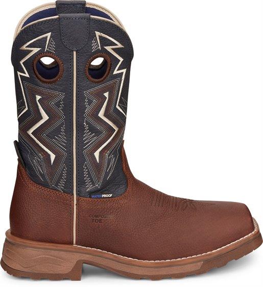 Mens dark brown boots with navy shaft and white embroidery right view