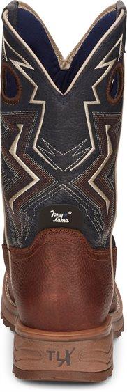 Mens dark brown boots with navy shaft and white embroidery back view