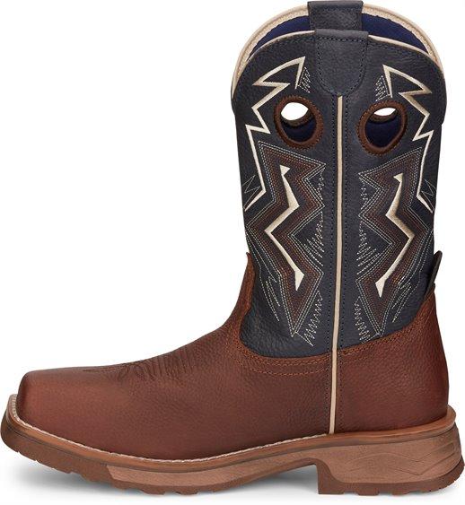 Mens dark brown boots with navy shaft and white embroidery left view