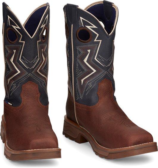 Mens dark brown boots with navy shaft and white embroidery