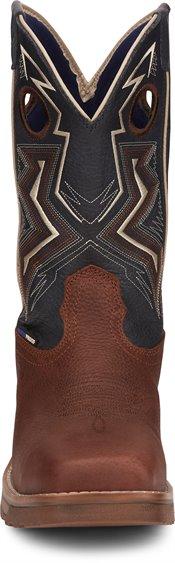 Mens dark brown boots with navy shaft and white embroidery front view