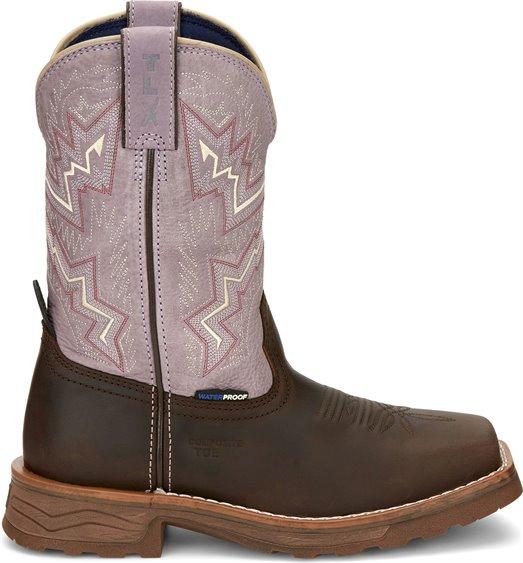 womens dark brown boots with pink shaft and white/red embroidery right view
