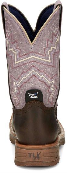 womens dark brown boots with pink shaft and white/red embroidery rear view