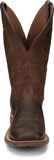 Womens dark brown boots with leather strap on shaft and red embroidery front view