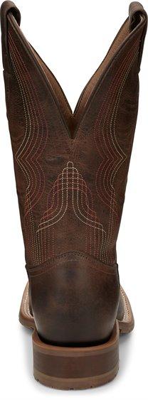 Womens dark brown boots with leather strap on shaft and red embroidery rear view