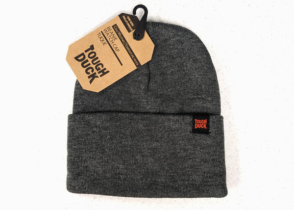 charcoal grey cuffed beanie with tough duck tag attached