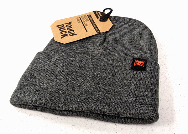 alternate view of charcoal grey cuffed beanie with tough duck tag attached