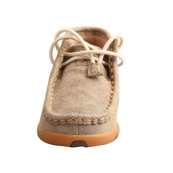 infants tan mocs with orange soles and white shoelaces front view