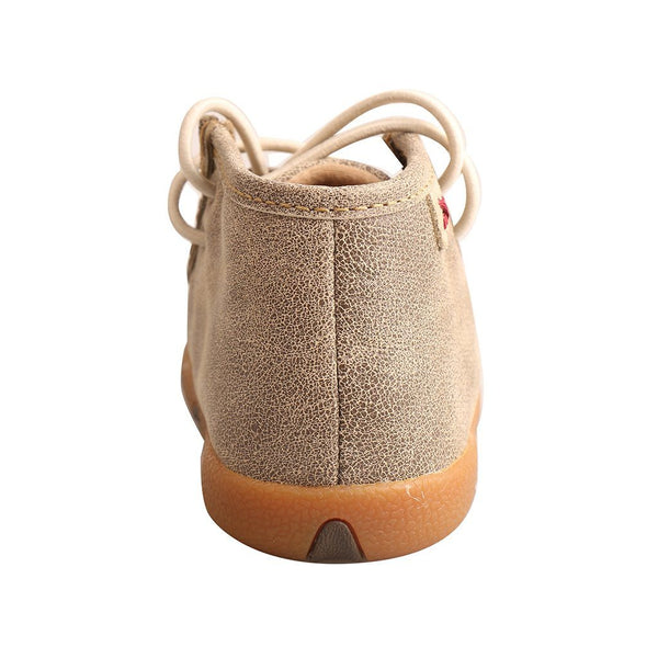 infants tan mocs with orange soles and white shoelaces rear view