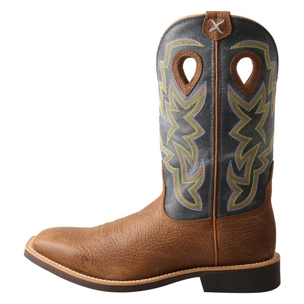 Men brown cowboy boot with blue embroidered shaft and tear drop holes left view