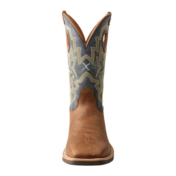 Men brown cowboy boot with blue embroidered shaft and tear drop holes front view