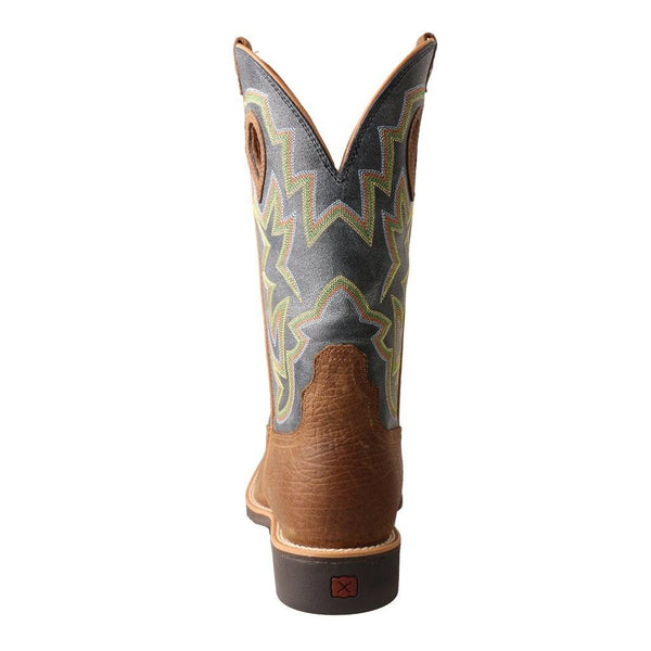 Men brown cowboy boot with blue embroidered shaft and tear drop holes back view