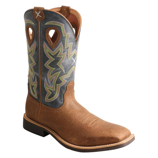 Men brown cowboy boot with blue embroidered shaft and tear drop holes