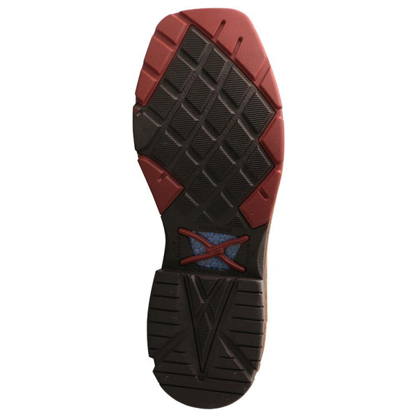 Boot with light brown embroidered shaft, red and dark brown soles bottom view
