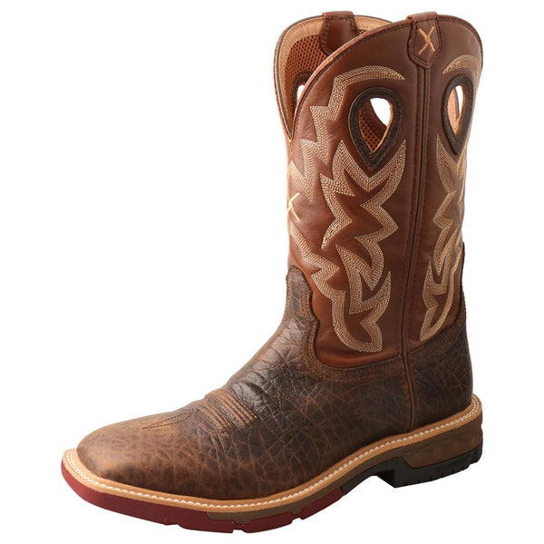 Boot with light brown embroidered shaft, red and dark brown soles left front view
