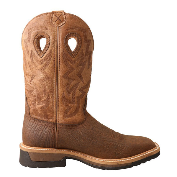 Mens brown cowboy boots with embroidered shaft with teardrop holes in them right view