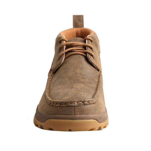 mens brown moc with orange interiors and bootstrap front view