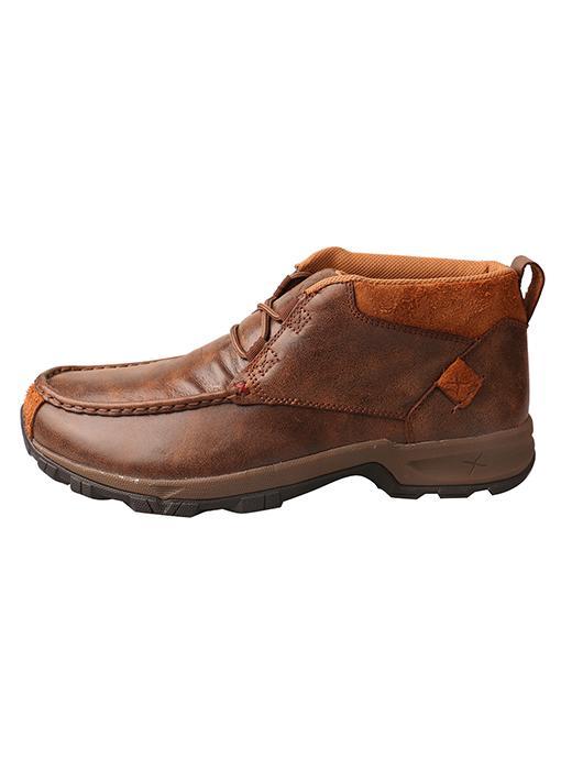 Mens Brown Letather shoe with orange patches and X logo left view