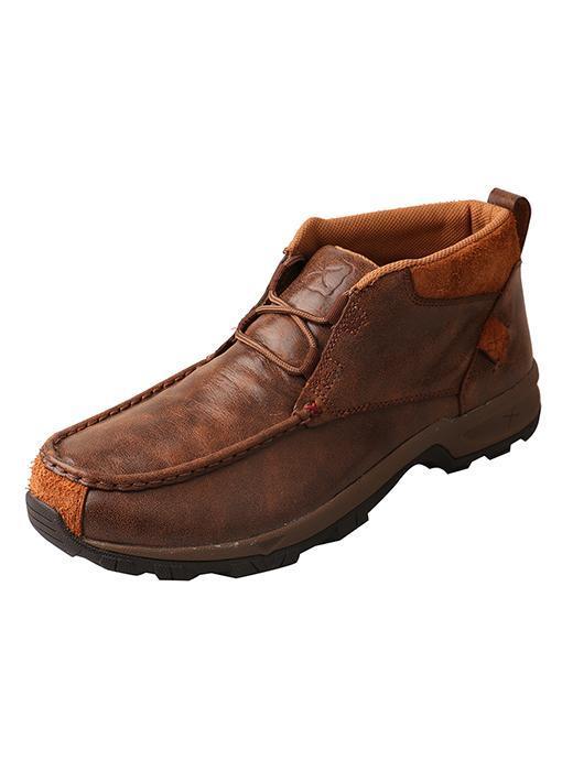Mens Brown Letather shoe with orange patches and X logo front corner view