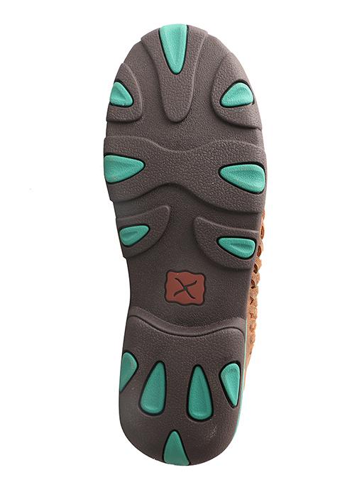 Women's Fabrice shoe with brown sole and teal accents bottom view