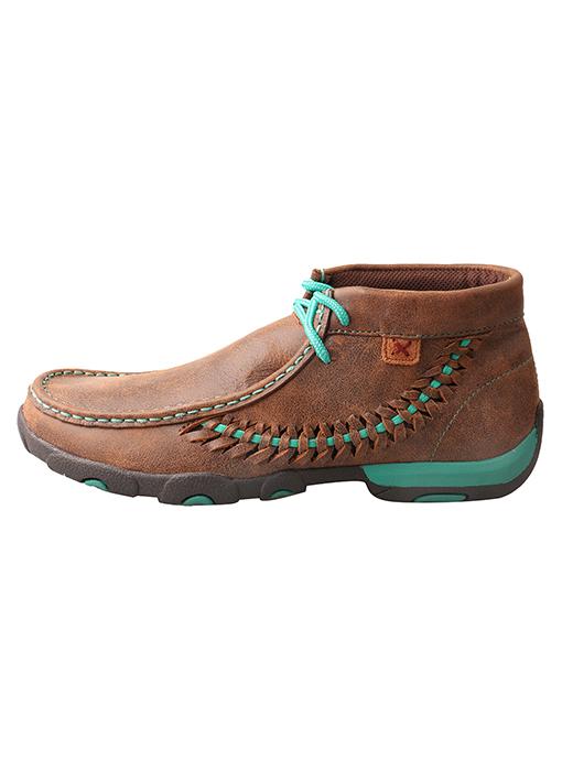 Women's Fabrice shoe with brown sole and teal accents left view
