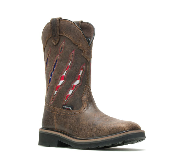 front of mens distressed brown square toe pull-on boot with american flag claw cut outs on shaft