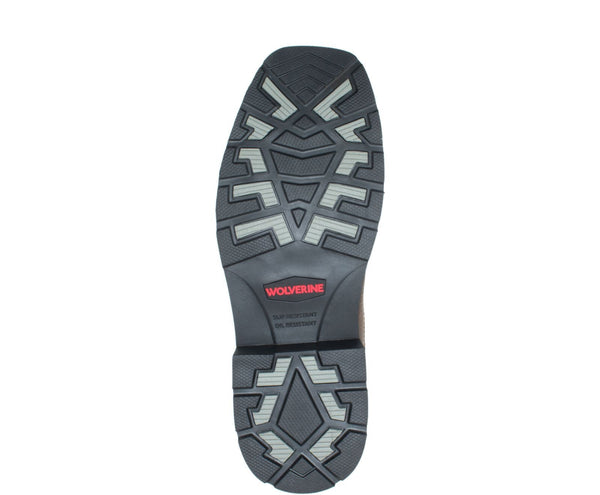 sole of wolverine boot with black and grey tread