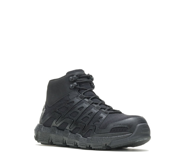 angled side view of black high top lace up work shoe with mesh and zig-zag venting and round toe