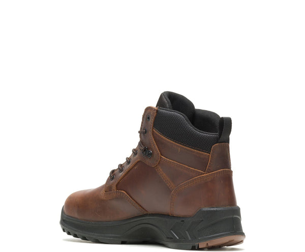 back of brown lace up work boot lug sole