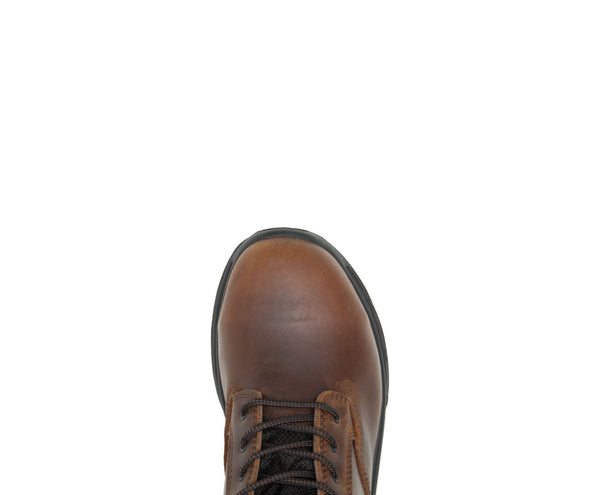 alloy safety toe of brown lace up work boot