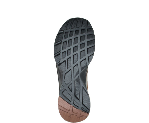 black and brown treaded sole of boot