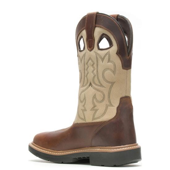 back angled view of mens brown boot with ivory shaft and embroidery
