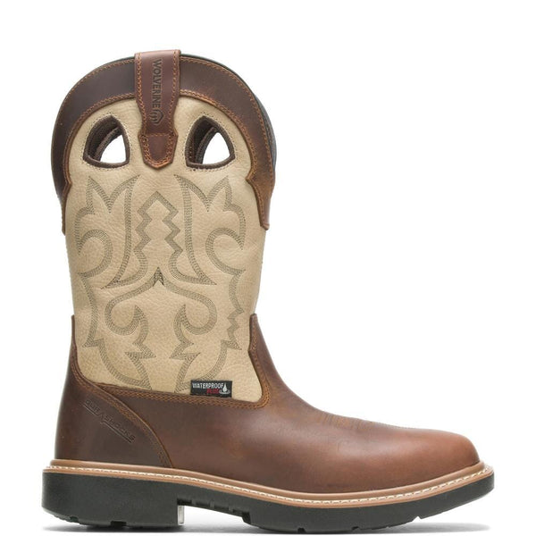 side view of mens brown boot with ivory shaft and embroidery. wolverine logo stamped on pull strap.
