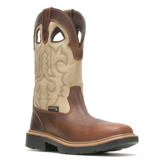 Mens brown boot with ivory shaft and embroidery