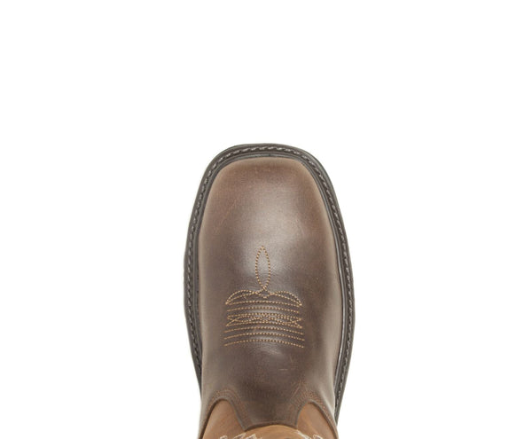 top down detail toe view of mens brown square toe boot