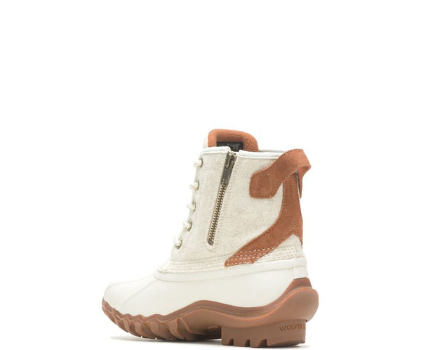 back angled view of women's ivory wool and rubber lace up duck boot with tan accents and zipper on side