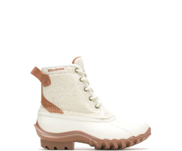 side view of wolverine women's ivory wool and rubber lace up duck boot with tan accents