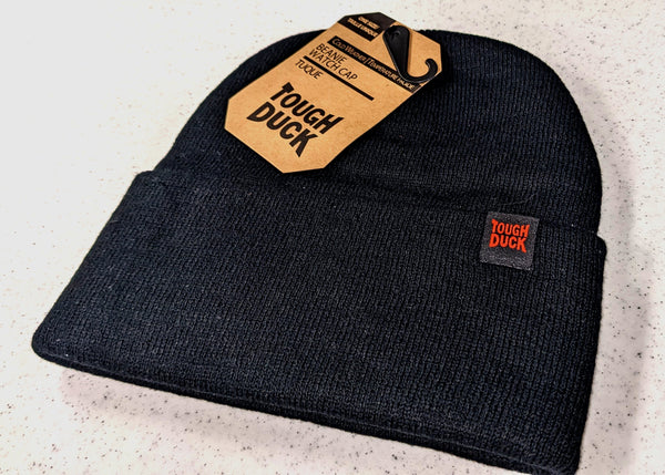 alternate view of black cuffed beanie with tough duck tag attached