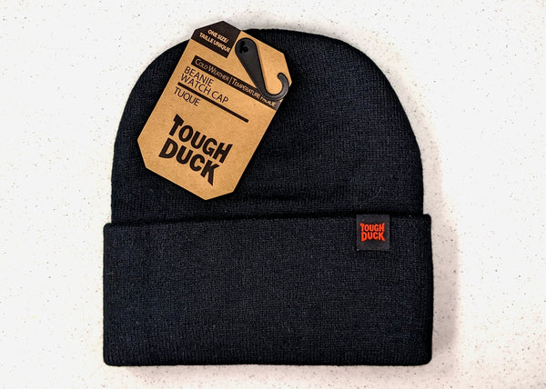 black cuffed beanie with tough duck tag attached