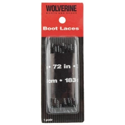 black and grey 72 inch boot laces wrapped in black and red package with Wolverine Logo