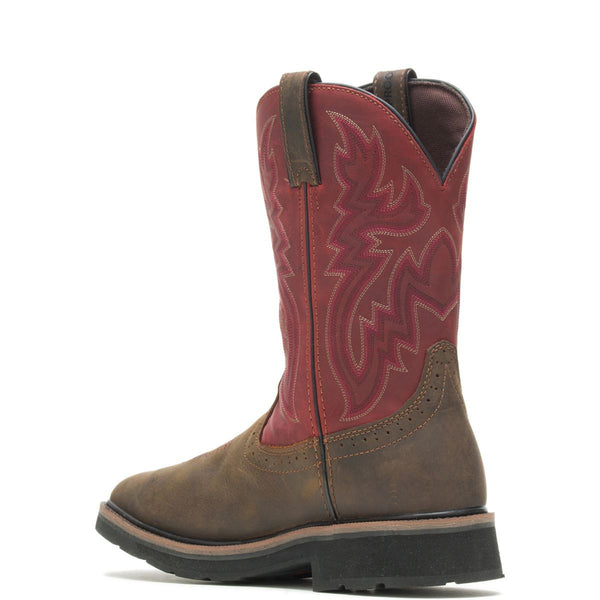 Mens brown boot with red shaft and embroidery back corner view