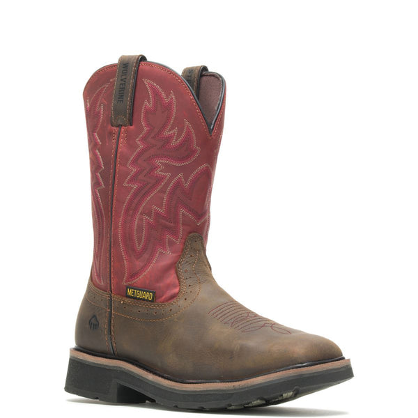 Mens brown boot with red shaft and embroidery front corner view