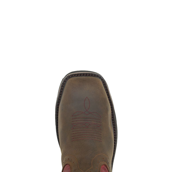 Mens brown boot with red shaft and embroidery top toe view