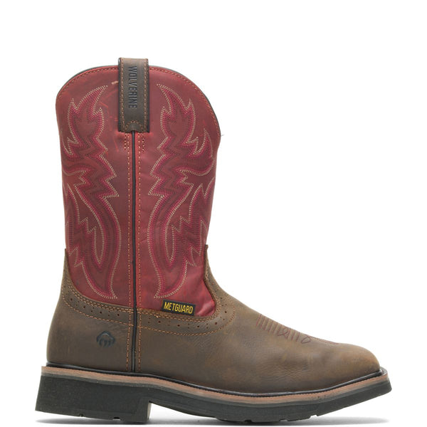 Mens brown boot with red shaft and embroidery
