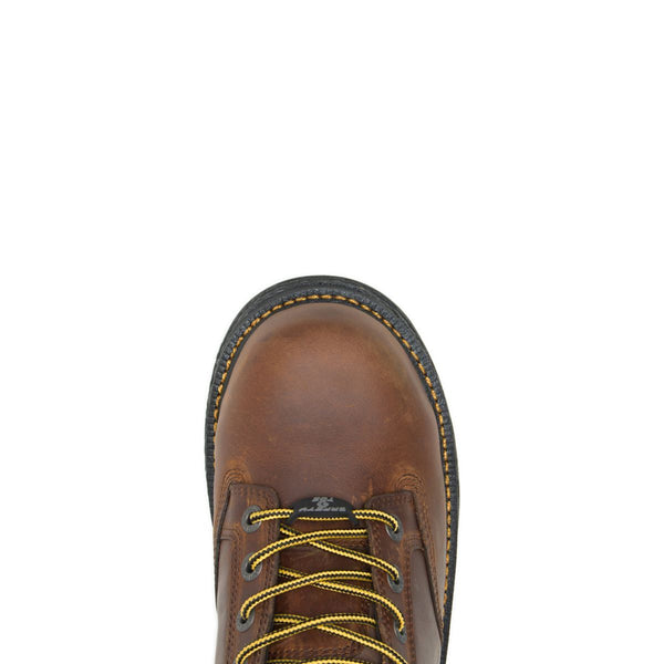 Brown Waterproof Plus Boots with yellow laces and trim top toe view