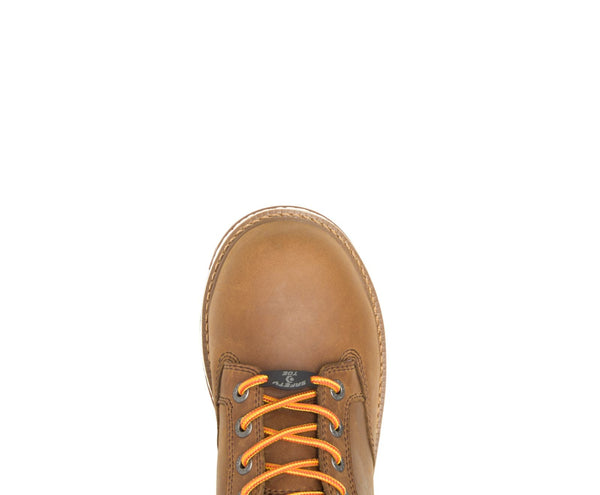 top down view of mens tan round toe work boot with yellow laces