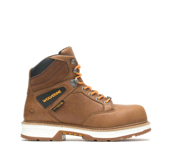 side view of mens wolverine tan work boot with yellow laces and white midsole